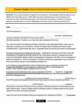 Employer COVID Letter Template - Notice of Potential Workplace Exposure to COVID Employer COVID Letter Template - Notice of Potential Workplace Exposure to COVID